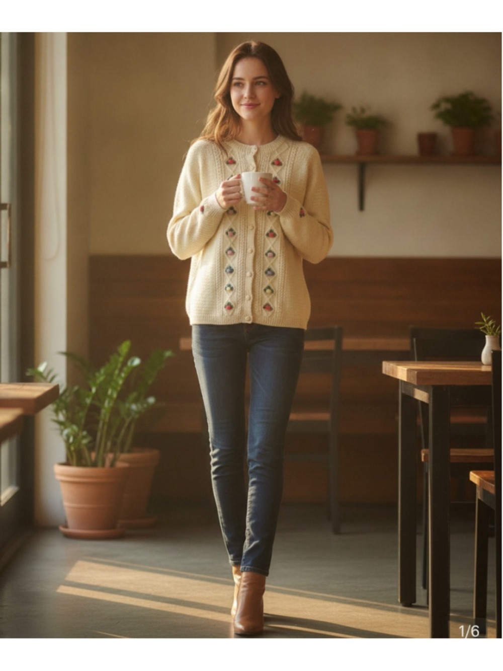 vintage lady clansman 100% wool 3-D floral cream knit cardigan sz large cottag - Picture 1 of 7